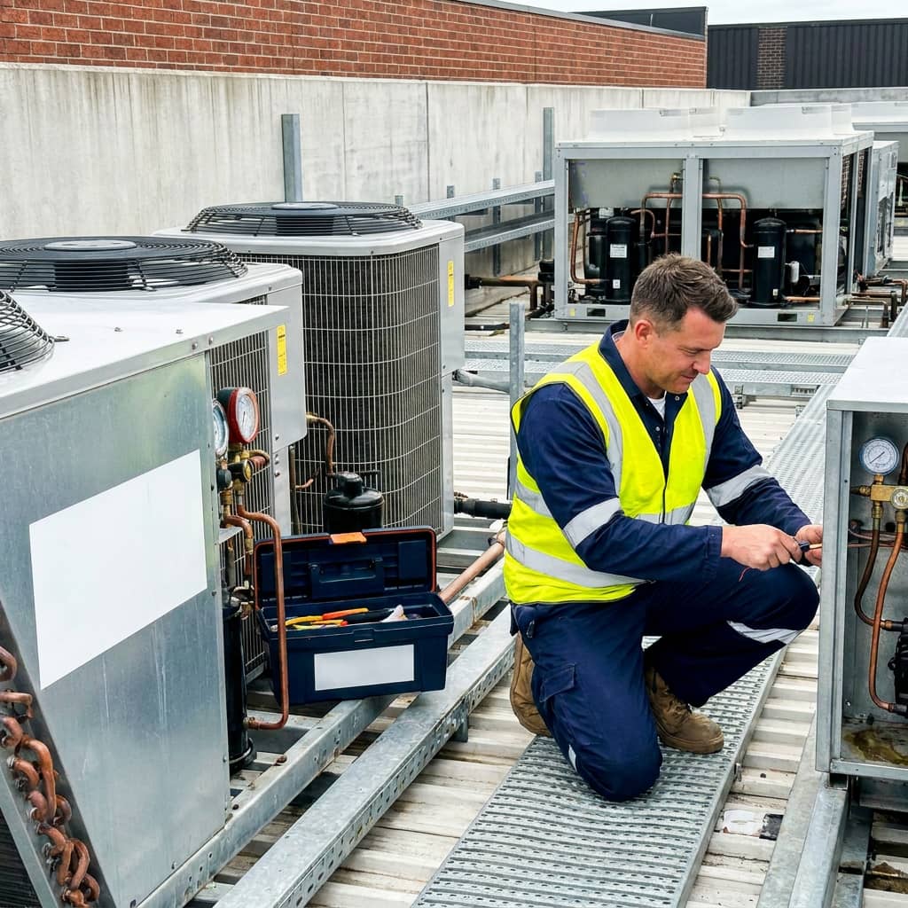 Bank of VRF outdoor units on a commercial building
